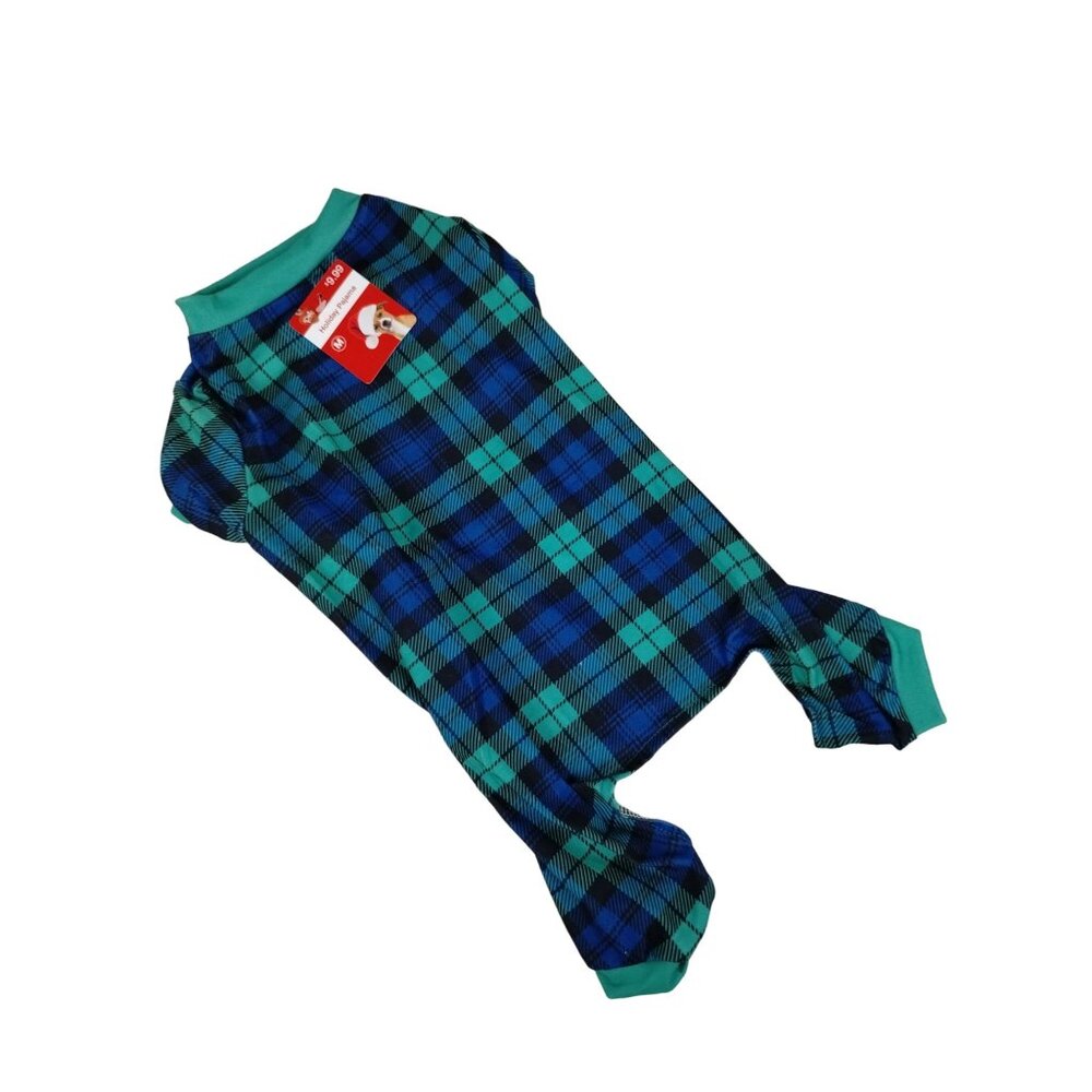 Pet Central Dog Medium 14 inch Holiday Pajamas Green and Blue Plaid